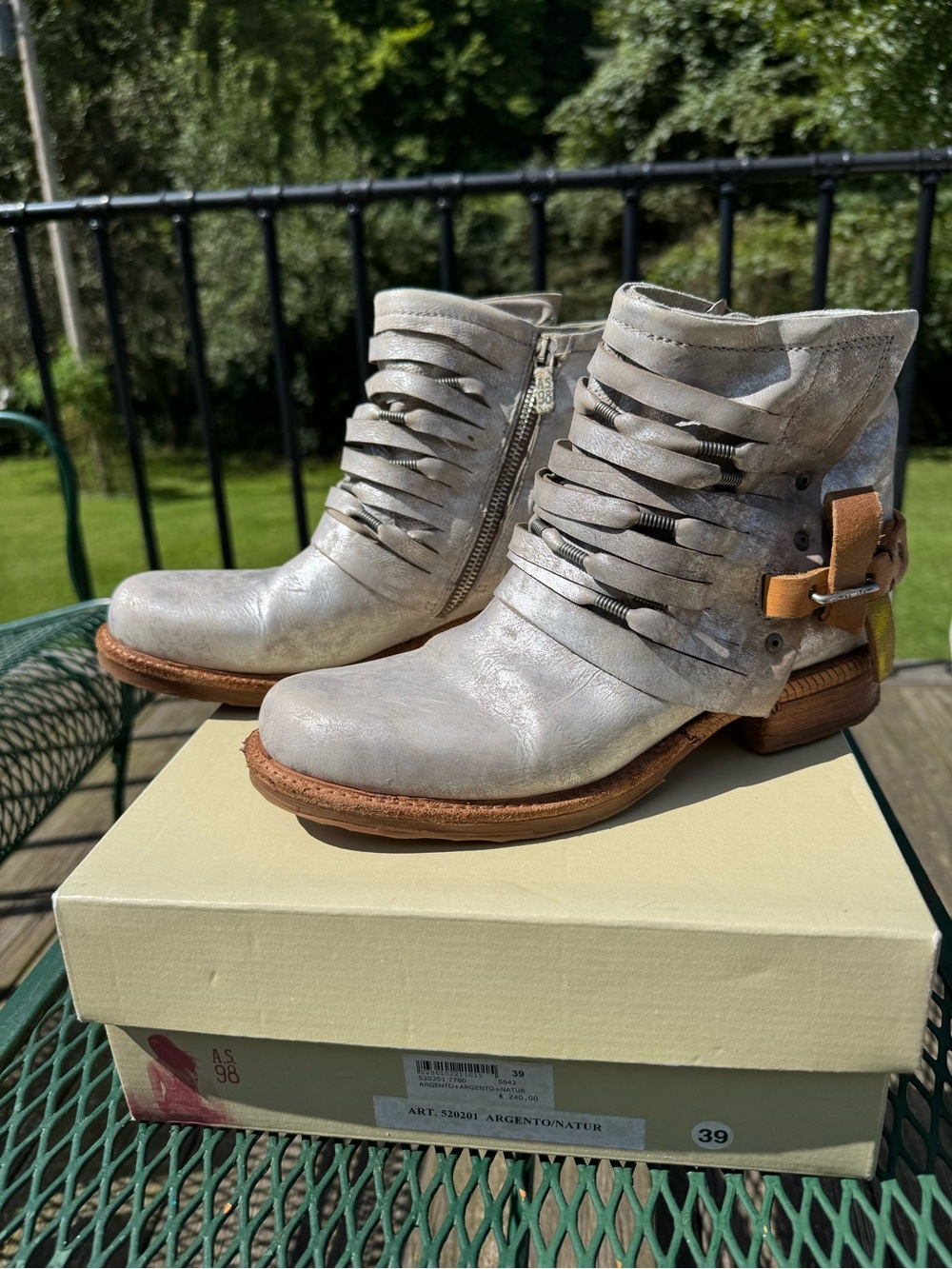 A.S.98 Light Silver Leather Ankle Booties with Tan Buckle
